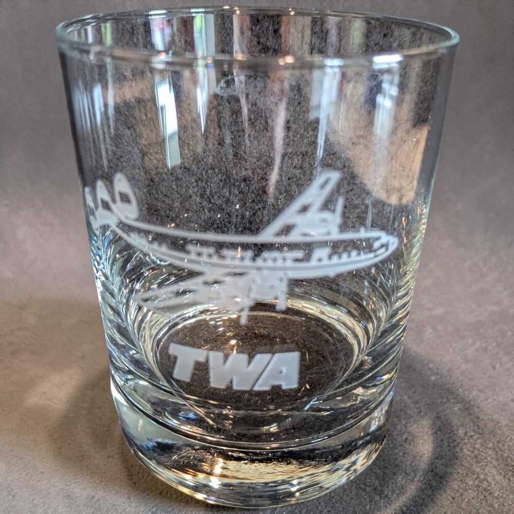 TWA Airlines vintage Lowball Rocks Glass Etched With Logo Plane MCM